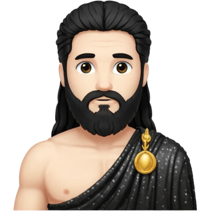 Pluto from Roman Deities with long black hair and beard, black sequin toga emoji
