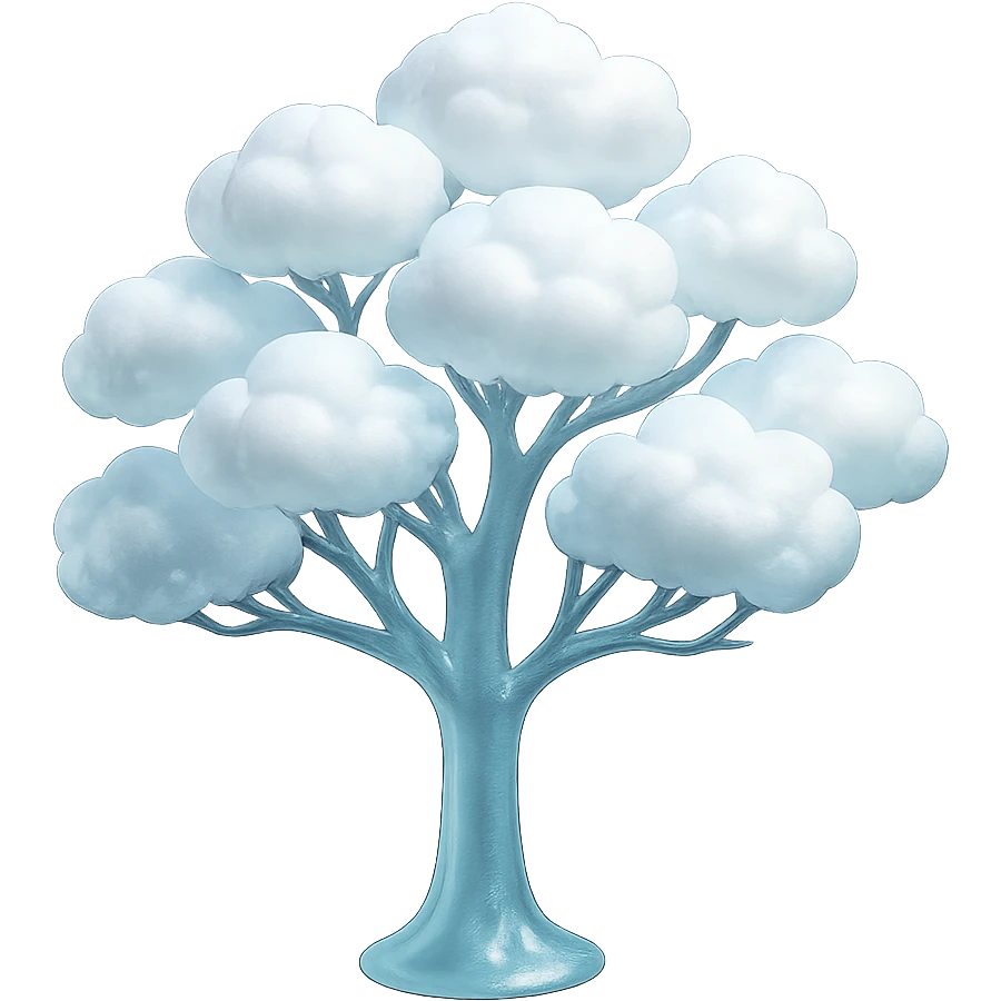 one tree with many branches and a white trunk, crown made of small very bright white fluffy convex clouds, matte glass style emoji