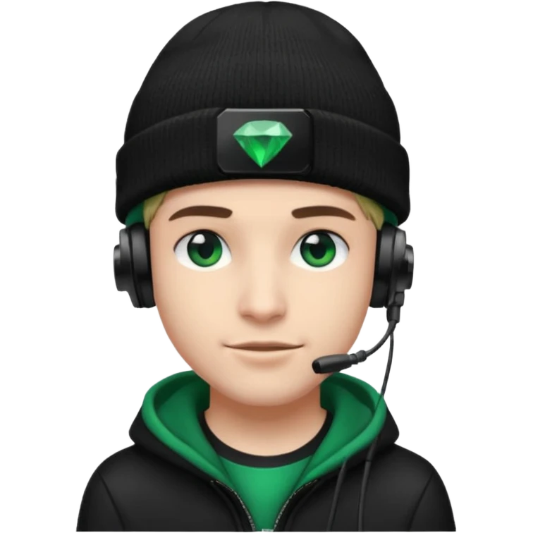 garcon avec un bonnet noir avec un emeraude dessus et un casque gaming moin bronzé emoji
