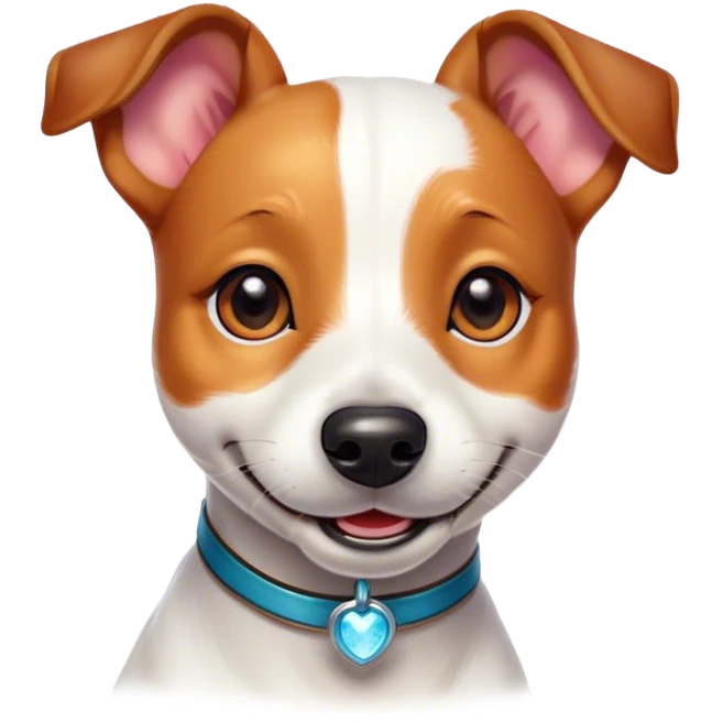 Cinematic Cute Jack Russell Terrier Portrait Emoji, Head tilted playfully and inquisitively, featuring a charming, small yet spirited body with a smooth, glossy coat, round, sparkling eyes full of delightful curiosity, and an endearing, mischievous smile, Simplified yet irresistibly adorable features, highly detailed, glowing with a warm, inviting glow, high shine, affectionate and lively, stylized with a touch of whimsical canine charm, soft glowing outline, capturing the essence of a mischievous yet lovable Jack Russell Terrier that seems as if it could scamper out of the screen into your arms! emoji