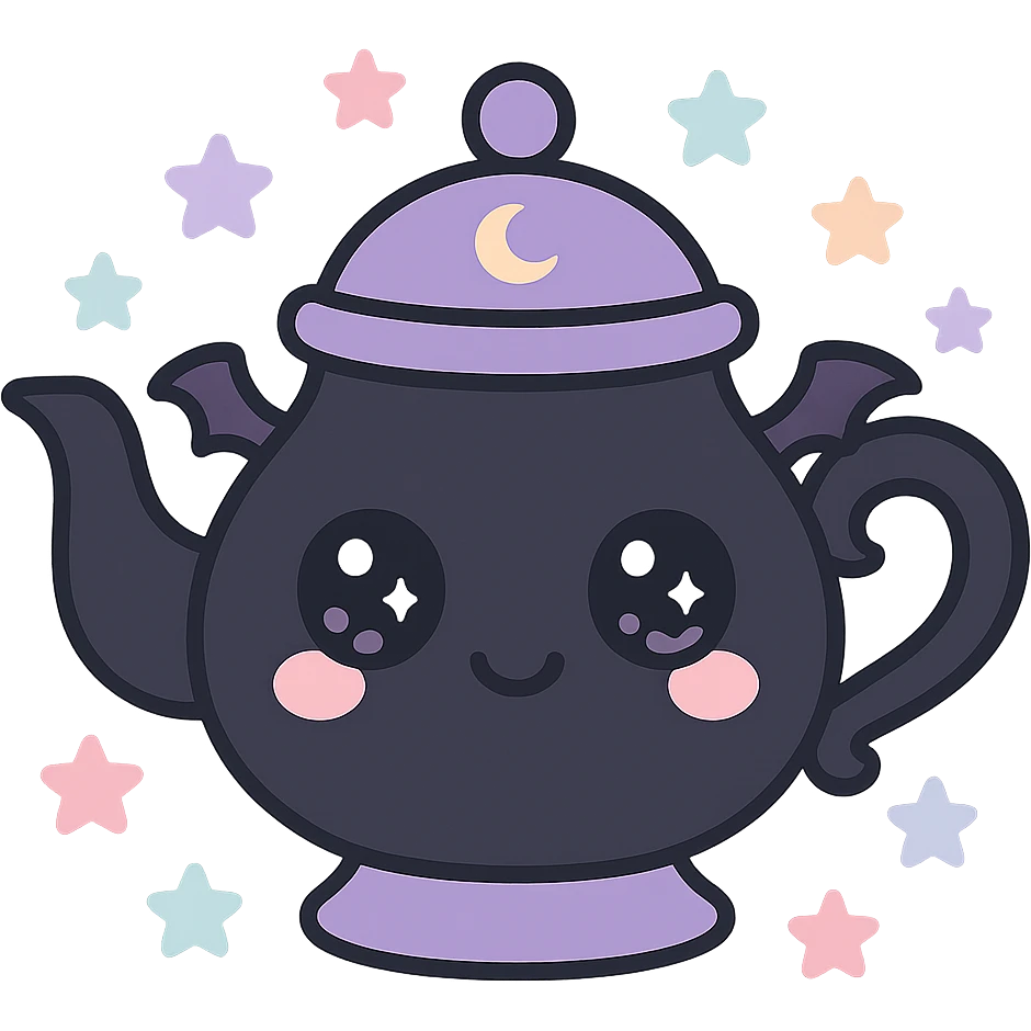 kawaii style magical gothic teapot, cute face, black and purple colors, sparkling eyes, tiny bat wings, surrounded by pastel stars, enchanting and whimsical emoji
