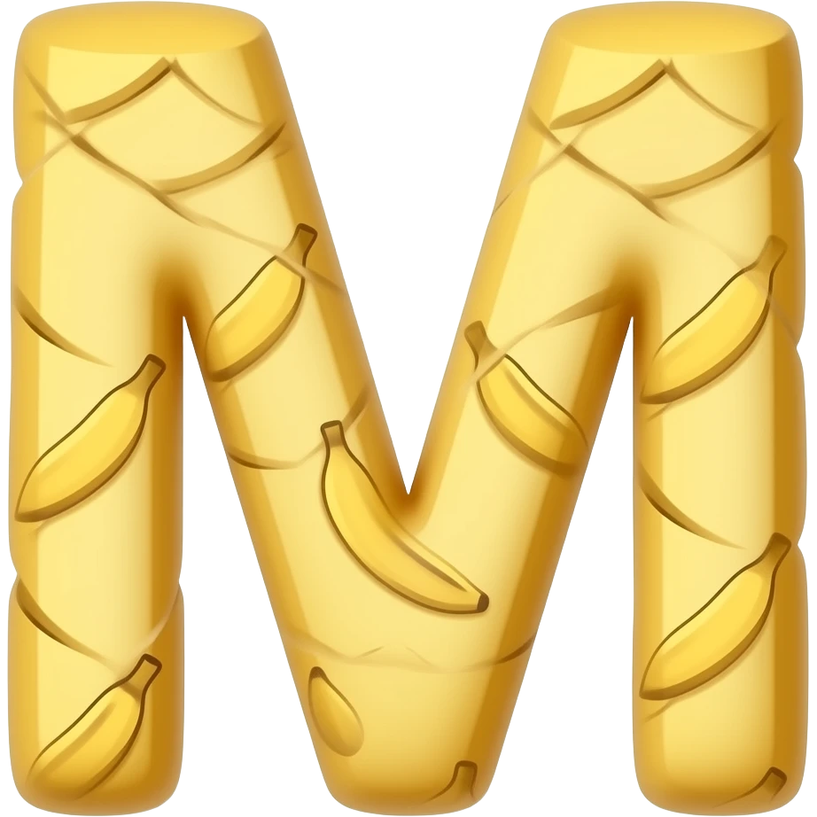 TWO👉 "letters    M   made of banana texture, yellow banana color, 3D glossy, smooth rounded shapes, cute cartoon style, isolated on white background, high detail" emoji