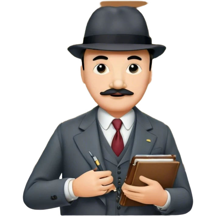 A cinematic-style frame showing Hercule Poirot in his iconic suit with a notebook in a dramatic detective pose. Background should be mysterious city, map, a board with photos of suspects, clues like fingerprints. Transparent background. emoji