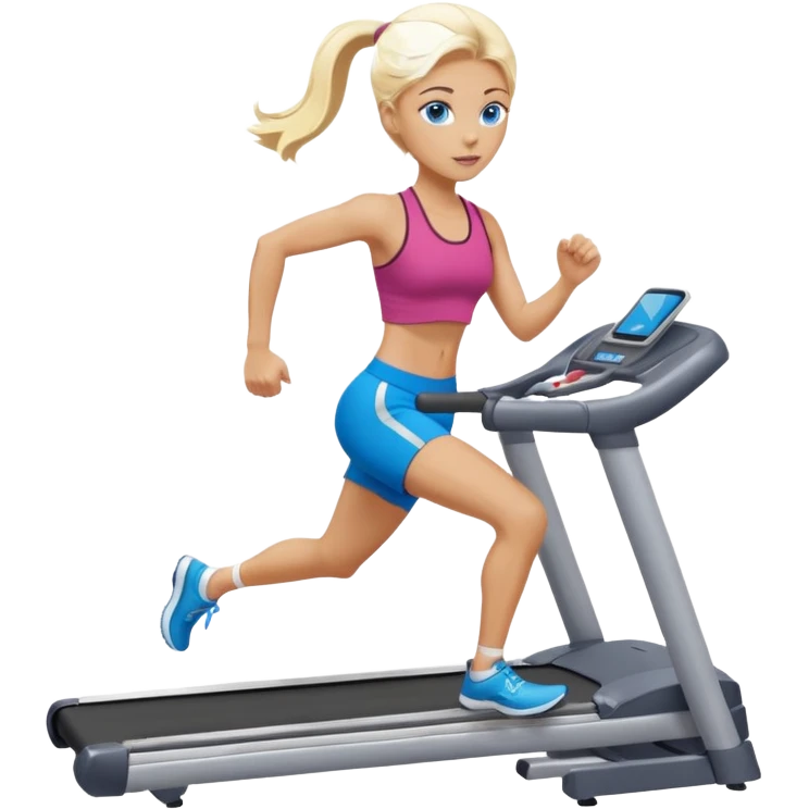 Une femme blonde yeux bleus qui cours sur un tapis de course emoji