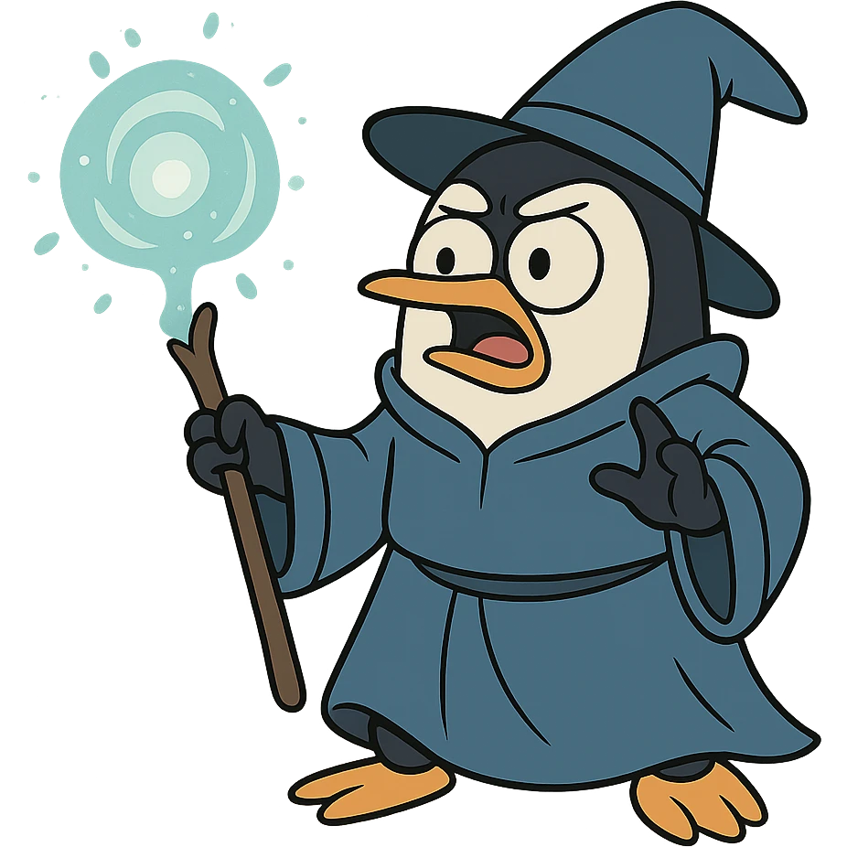 penguin wizard, cartoon style, blue robe, casting a spell emoji