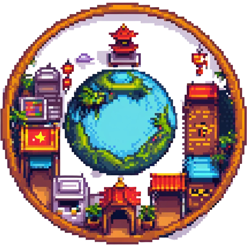 China Town planet inside a circle, pixel art style, vibrant colors emoji