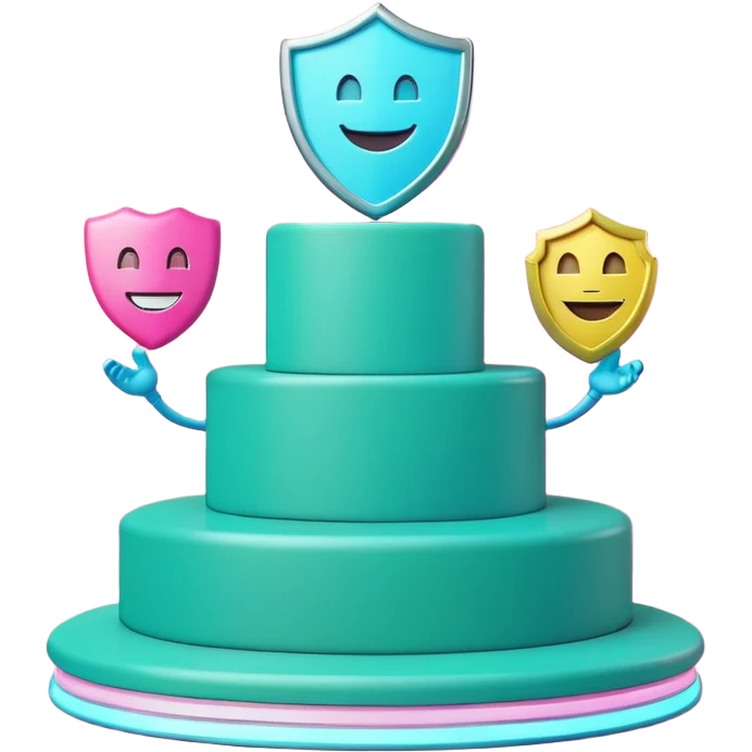 Minimalist 3D emoji-style podium with 2 steps on a green chroma key background. Step 1 (higher) features a handshake icon with blue neon glow. Step 2 (lower) features a smiling tooth with a shield icon and pink neon glow. Clean rendering, soft colors, uniform lighting emoji