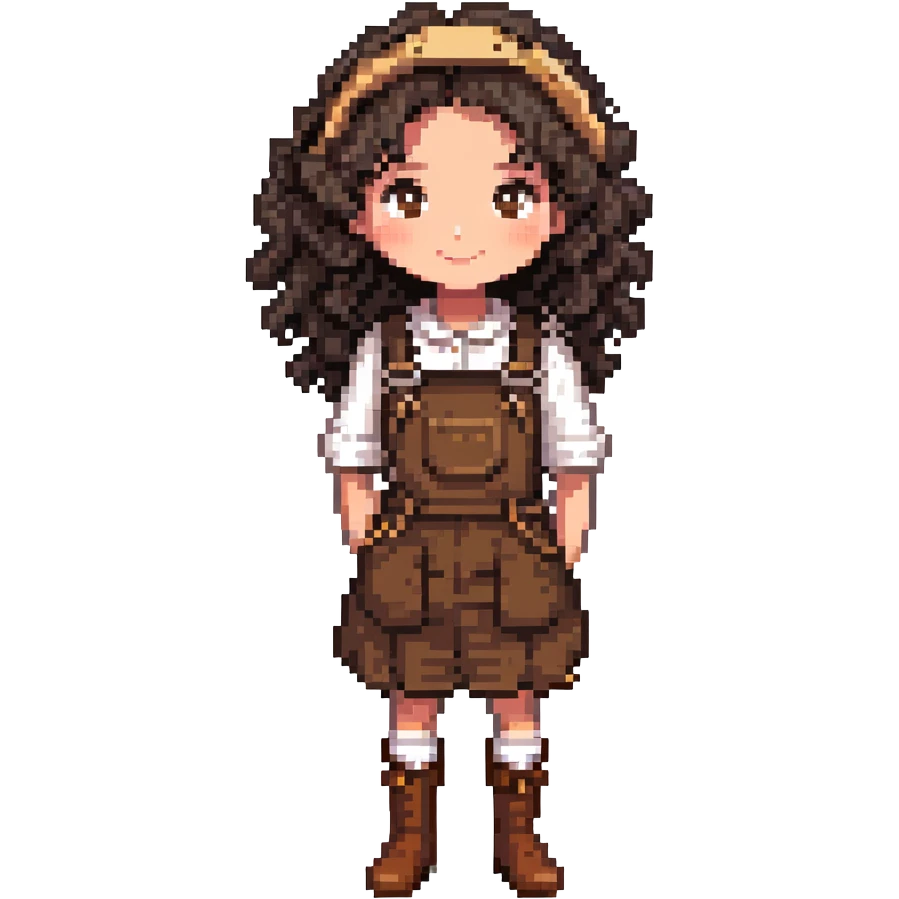 white girl with very curly dark brown hair, brown eyes, wearing farm clothes emoji