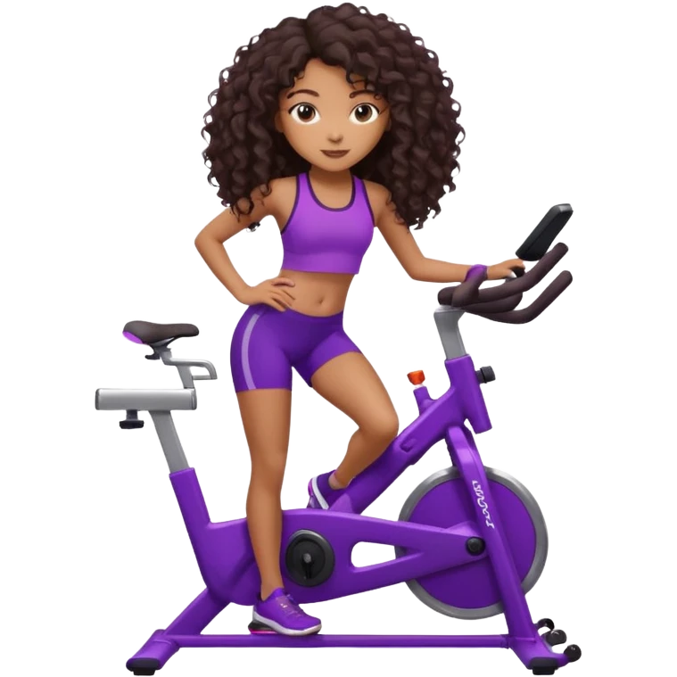 African American girl with long dark brown curly hair, purple workout set leaning on a indoor spin bike with NO HELMET,  emoji