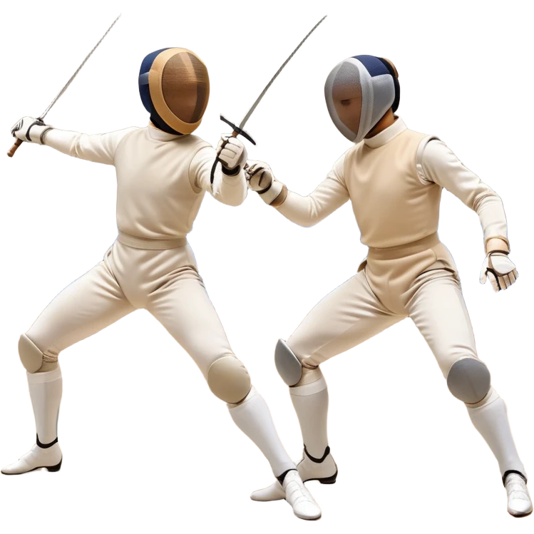 Two fencers in symmetrical stances, with crossed épées in front of them. Their forms are elegant and precise, showcasing the balance and strategy of fencing. The background features a blurred fencing piste, with subtle motion lines to emphasize the elegance and speed of the sport. emoji