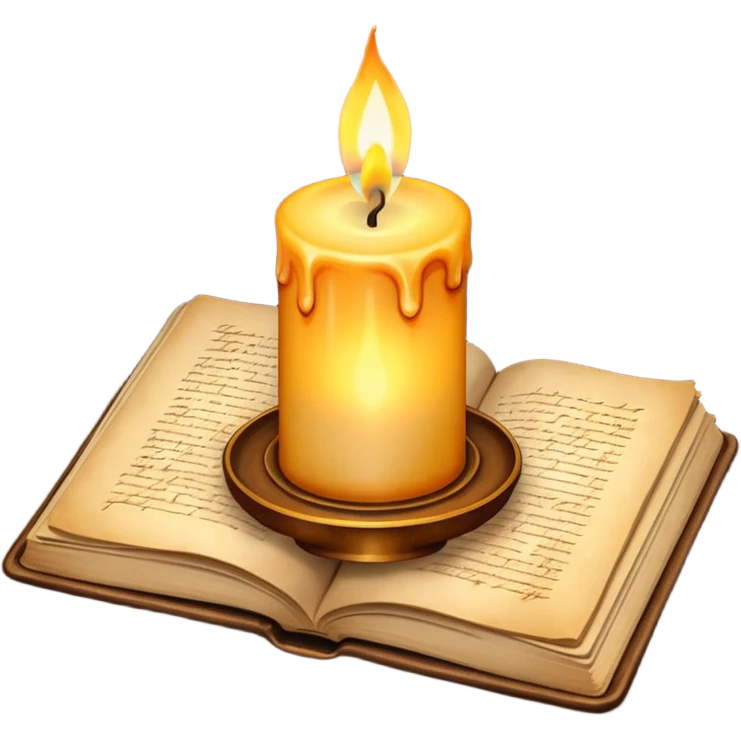 Vintage-style candle burning near an open journa emoji