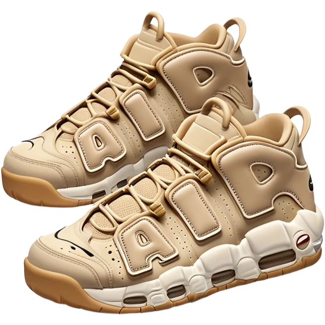 Clean iOS-style emoji of a pair of beige Nike Air More Uptempo sneakers, with left and right shoes arranged with one slightly behind the other, simple minimal design with subtle shadows emoji