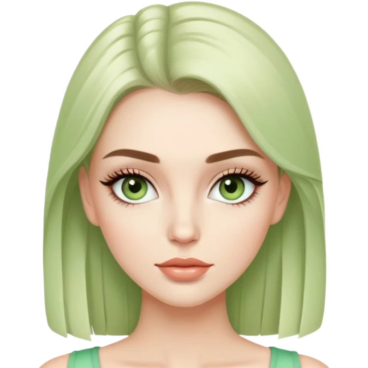 white female fashion model with light green top and lush long eyelashes, beautiful face emoji