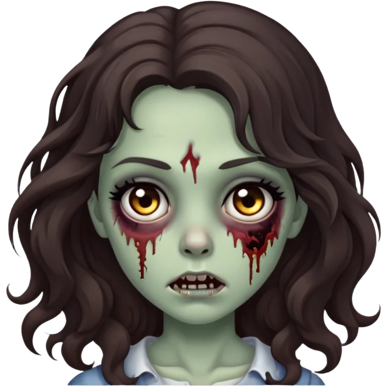 make a zombie emoji, girl with dark brown wavy hair, long hair, black eyes, small eyes, pretty  emoji