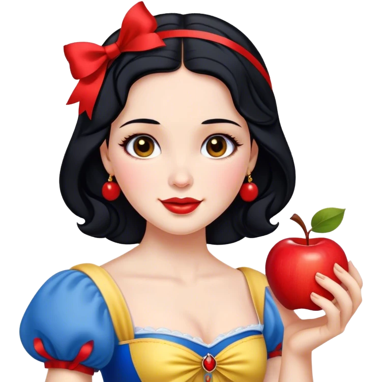 Cinematic Realistic Snow White Portrait, depicted with lifelike skin texture, soft natural lighting, and intricately detailed black hair styled with a red ribbon. Her soft brown eyes radiate innocence and kindness, complemented by a warm, gentle smile. She holds an apple in one hand, her other hand resting against her cheek, embodying her purity and charm. She is dressed in her classic yellow, blue, and red gown, the fabric rich in texture with delicate folds that catch the light beautifully. The portrait features a soft, natural glow with a radiant finish, capturing the essence of timeless beauty in a realistic and painterly style. emoji