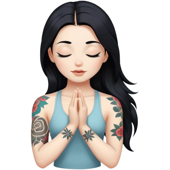 Yoga posing girl with white skin, long black hair and eyes closed, tattoos on left arm emoji