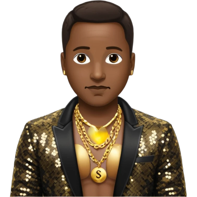 Johnny Gill with dark brown hair, black sequin jacket, shirtless with necklace emoji