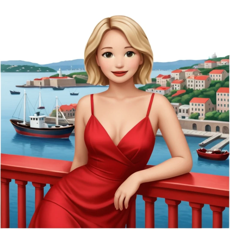 jennifer lawrence, red dress leaning on a balcony with a harbor and cityscape in the background, smiling, closeup emoji
