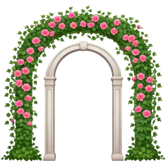 White tall archway with vines, ivies, and romantic pink and red flowers  emoji