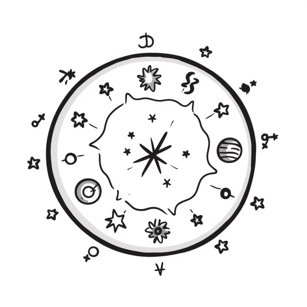 astrology wheel with stars, celestial vibe, hand-drawn doodle style emoji