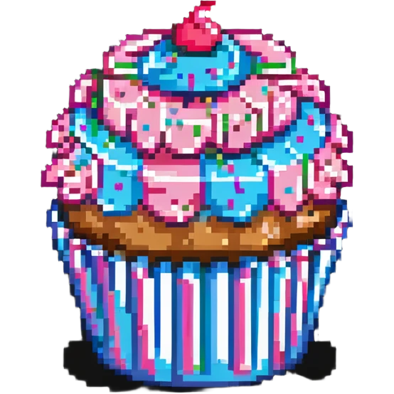 giant cupcake with pink icing and colorful sprinkles, striped cupcake wrapper, pixel art style emoji