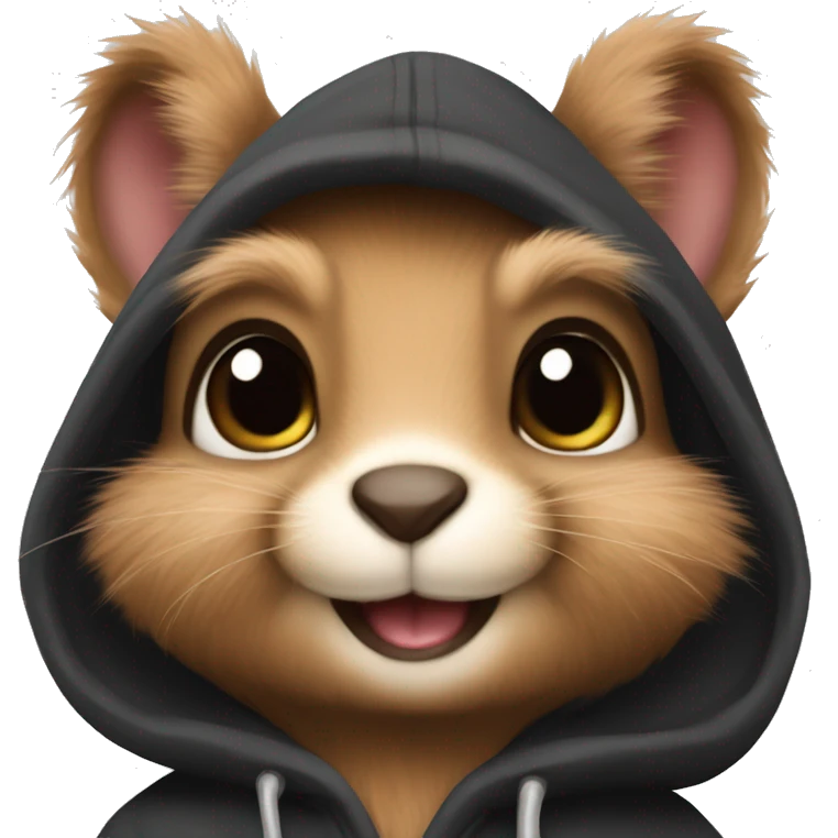 Cute realistic fluffy Squirrel with fluffy ears in black hoodie holding an iPhone  emoji
