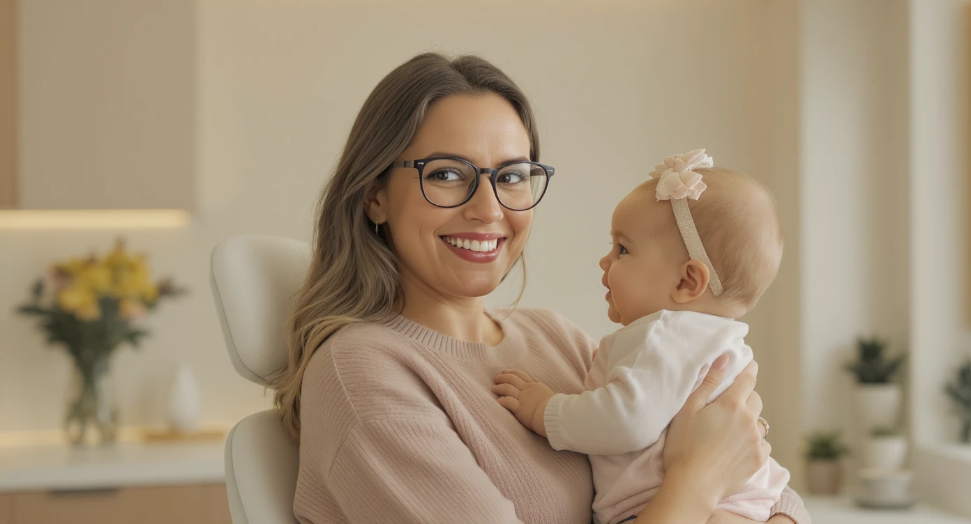 Cinematic still, Proffesional advertising of a smiling european white woman with glasses smiling holding baby, minimalistic ophthalmologist interior in background, leading  lines, "rule of thirds", 60/30/10 colors, soft light, warm colors, Layered composition emoji