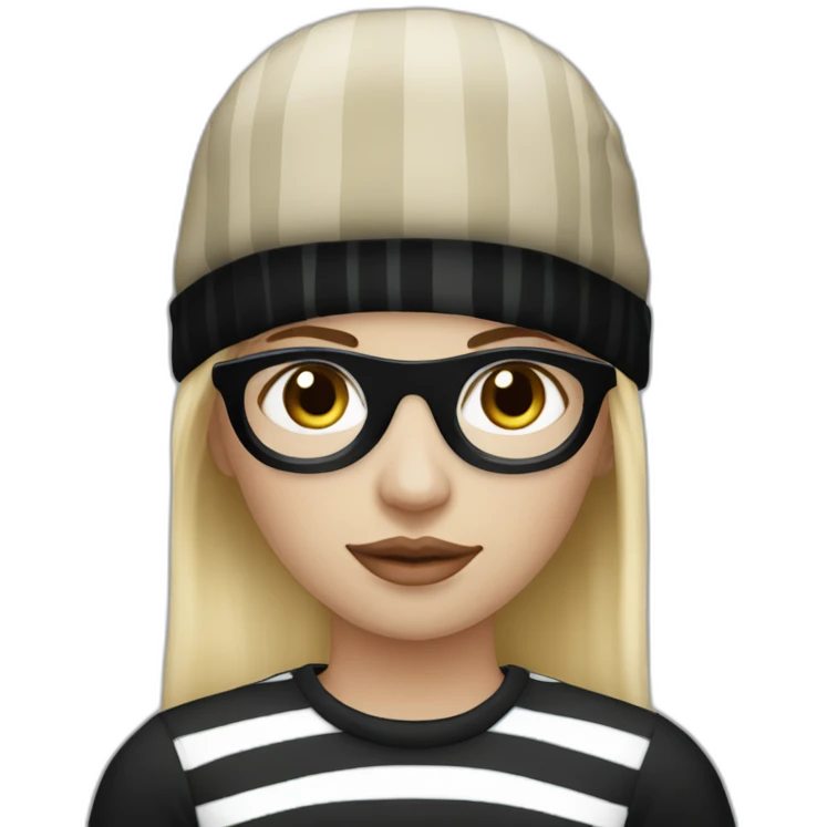 blonde woman in black beanie hat, black eye mask and striped shirt emoji