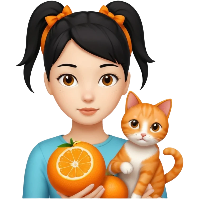 A black haired girl with a high ponytail holding an orange cat emoji