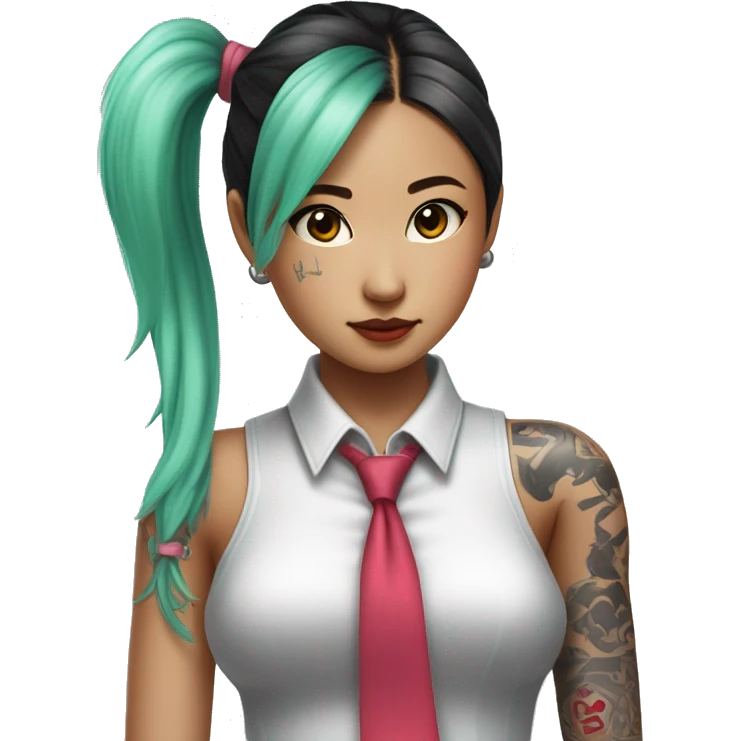 An Asian girl with long mint colored twin ponytail wearing a sleeveless silver shirt, a mint colored tie, and a black flared arm sleeve with a red 01 tattoo on her left arm has a pink square with a black border running through each ponytail emoji