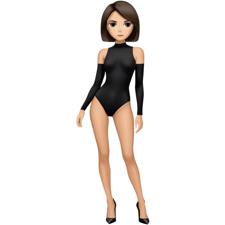 Victoria Beckham with light skin, short dark brown bob, black bodysuit wearing black heels emoji