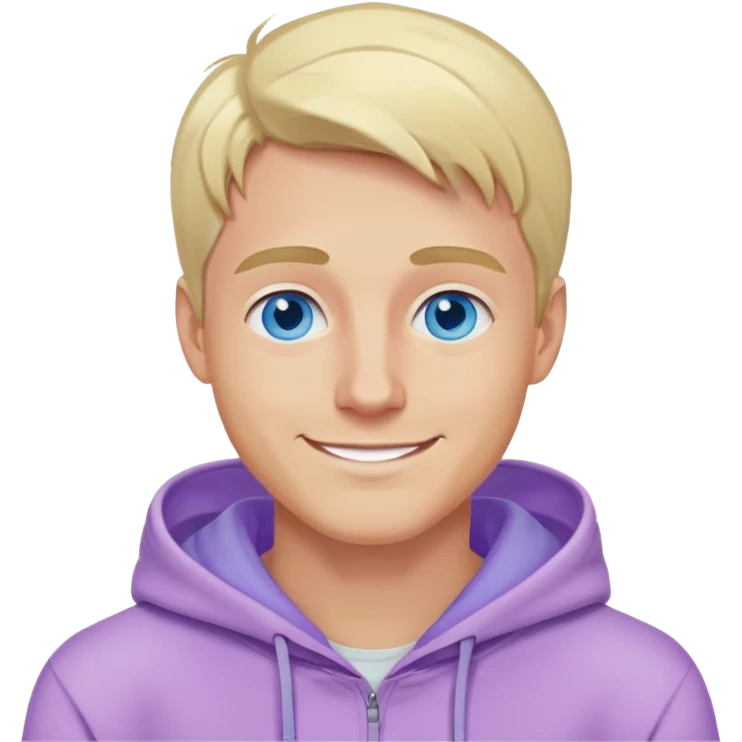 smiling blonde man with blue eyes in a lilac hoodie emoji