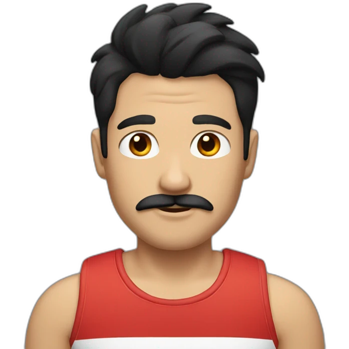 male with black hair, moustache and striped black and red tank top emoji