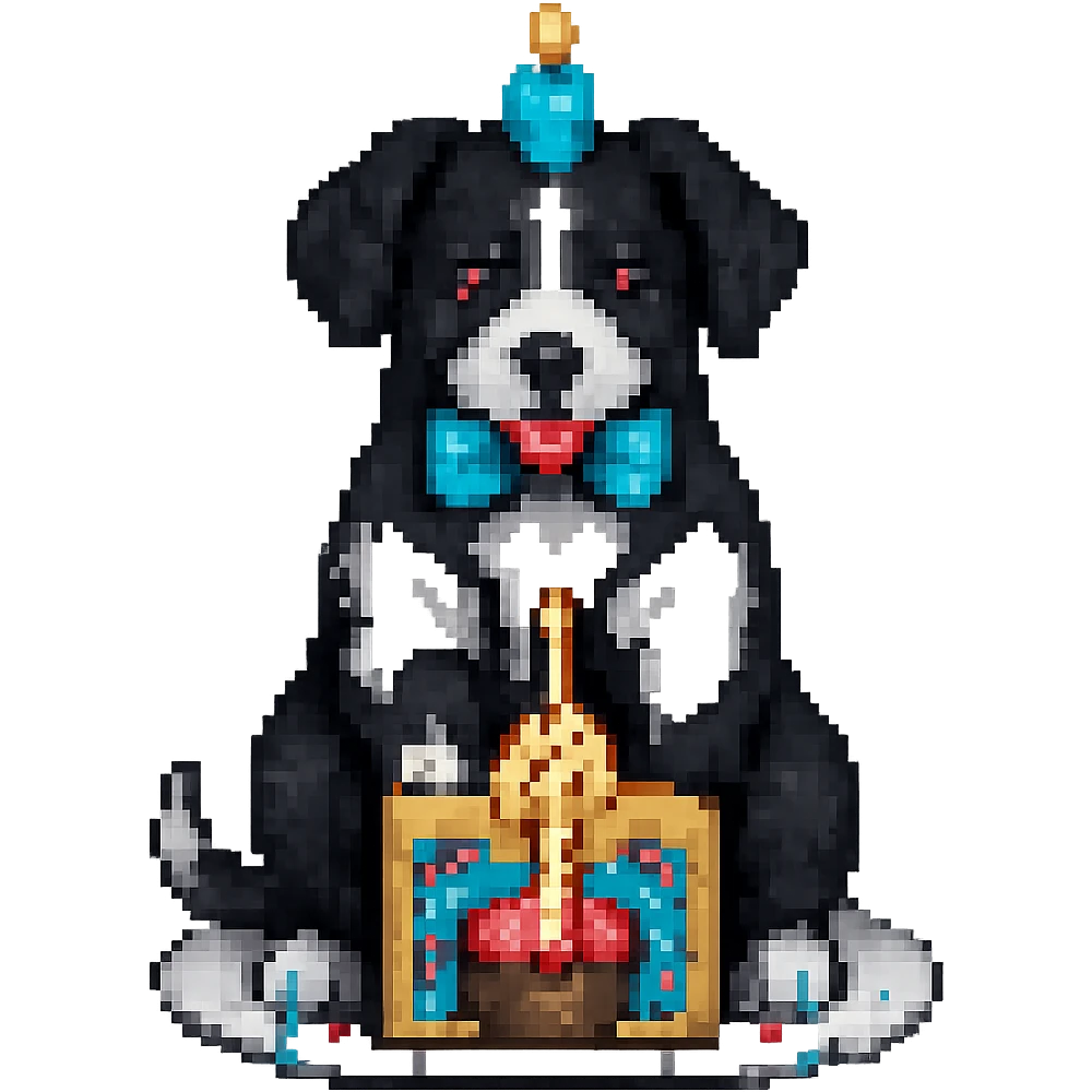 Change the dog's fur color to black and white while preserving the pixel art style look. Remove the background. emoji