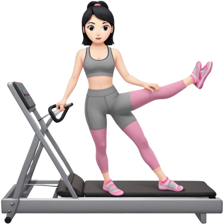 Create a Pilates emoji: a girl with fair skin and black hair, wearing a grey bra and grey leggings with pink pilates socks, exercising on a pilates reformer and not looking at the camera emoji