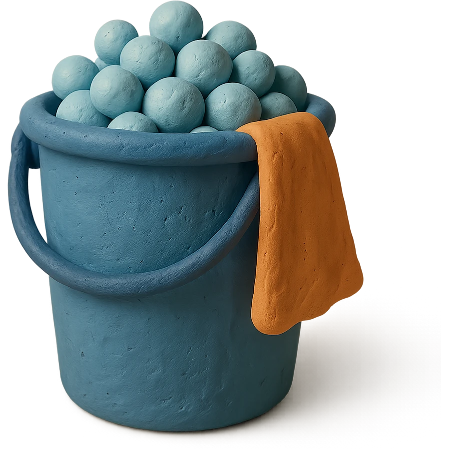 bucket with bubbles and cleaning cloth in claymation style, soft matte finish emoji
