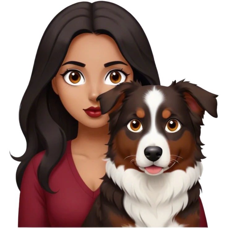 One latina girl with long beautiful dark hair and dark eyes in a dark red v neck and makeup with her black tri colored  Australian shepherd large emoji
