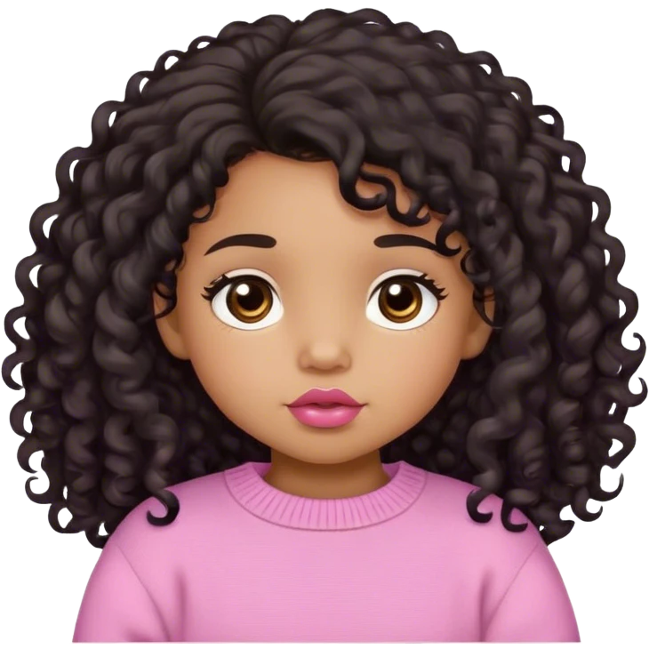 medium brown skin tone, very adorable toddler, with big plump lips, long long lashes, black curly long hair, brown eyes, pink sweater emoji