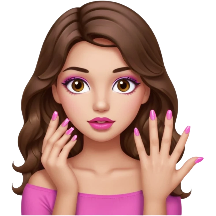 girl with long wavy brown hair, brown eyes, light to medium complexion, in a pink sexy top, pink lips, long lashes, puckered lips, showing my nails emoji
