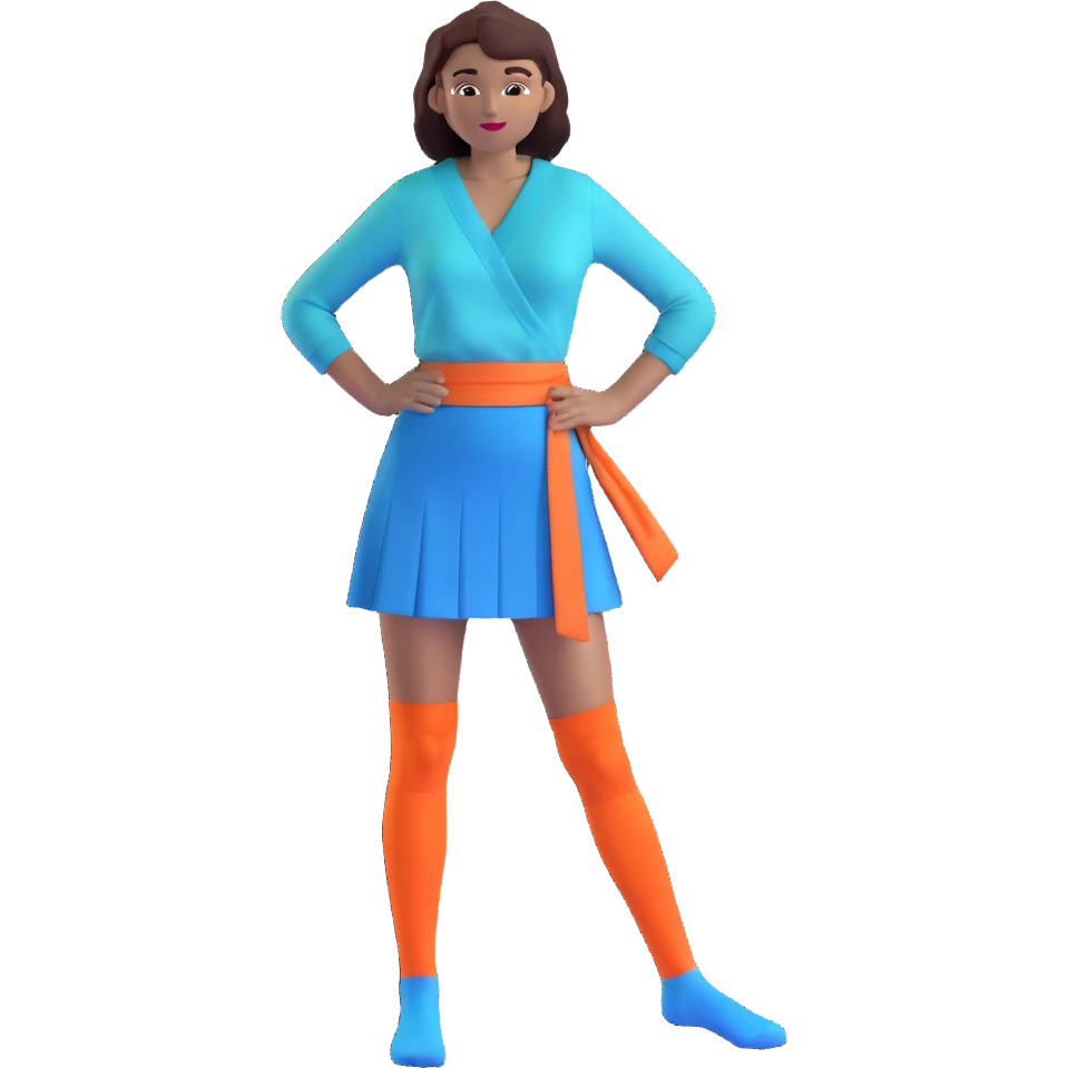 woman wearing teal wrap shirt, blue a-line skirt, light blue knee-high socks emoji