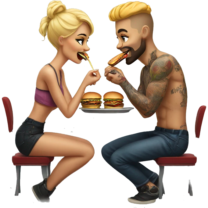 Beautiful tattooed couple eating burgers emoji