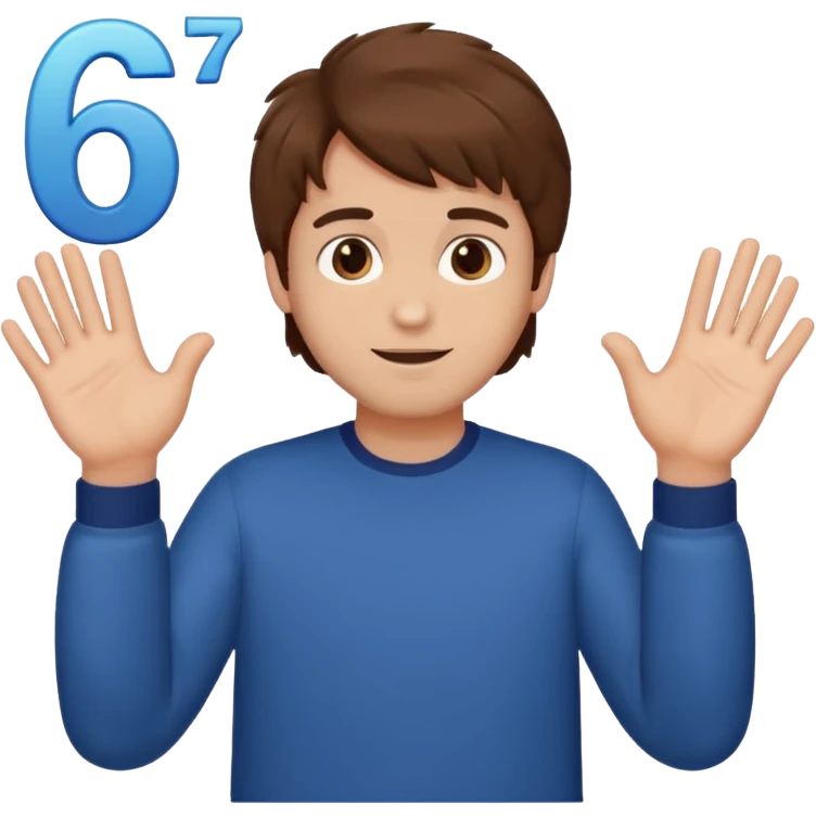 guy with fluffy hair holding out 2 hands with the number 67 above them emoji