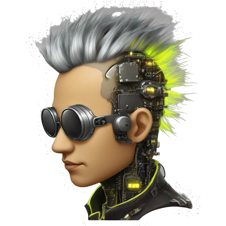 Neon yellow Mohawk hair Asian male cyborg head with silver steampunk goggles and circuits emoji
