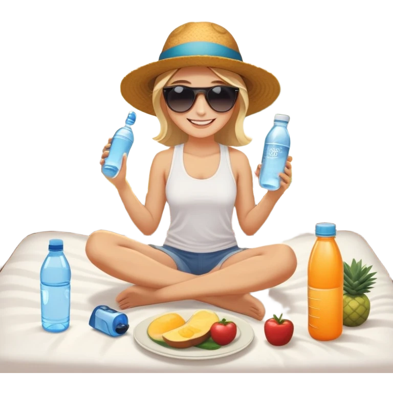 A person in the sun, with a plate of whole foods, water bottle, and glowing bed behind them. Nearby, smiling friends gather—symbolizing balance, healing, and connection through simple daily rituals. emoji