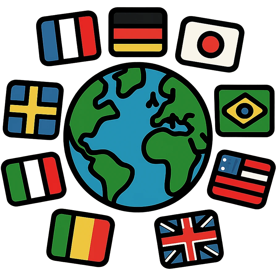 Colorful linear globe with various country flags placed around it representing different nations emoji