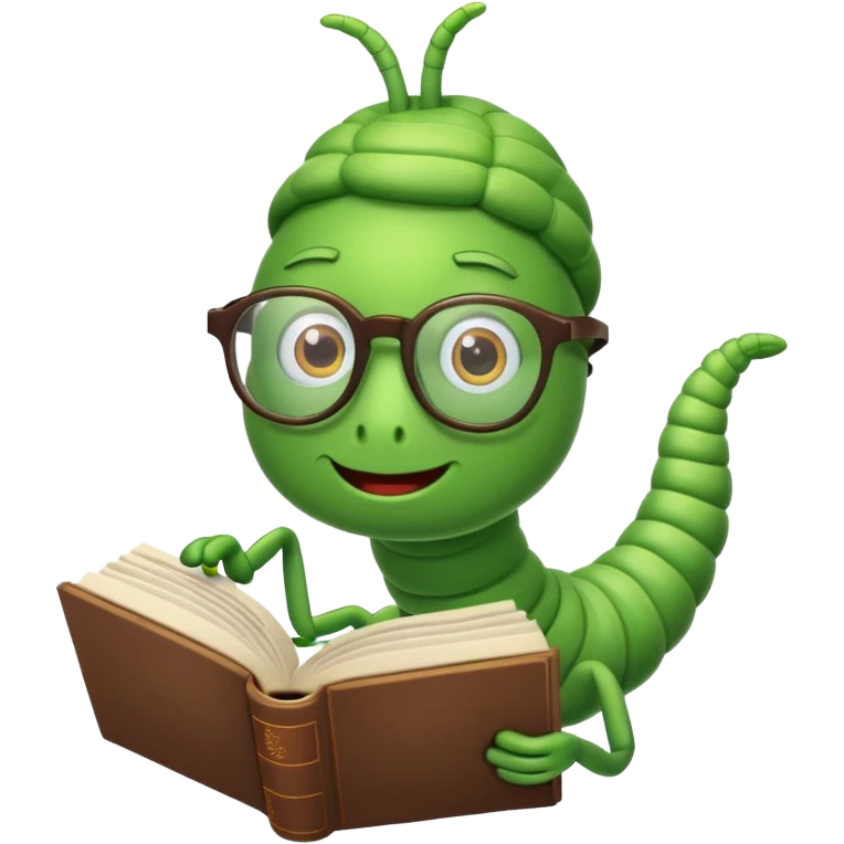 green Worm with glasses reading book emoji