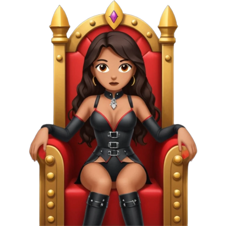 Tan skin with freckles, long dark hair, hazel eyes Dominatrix sitting on a throne emoji