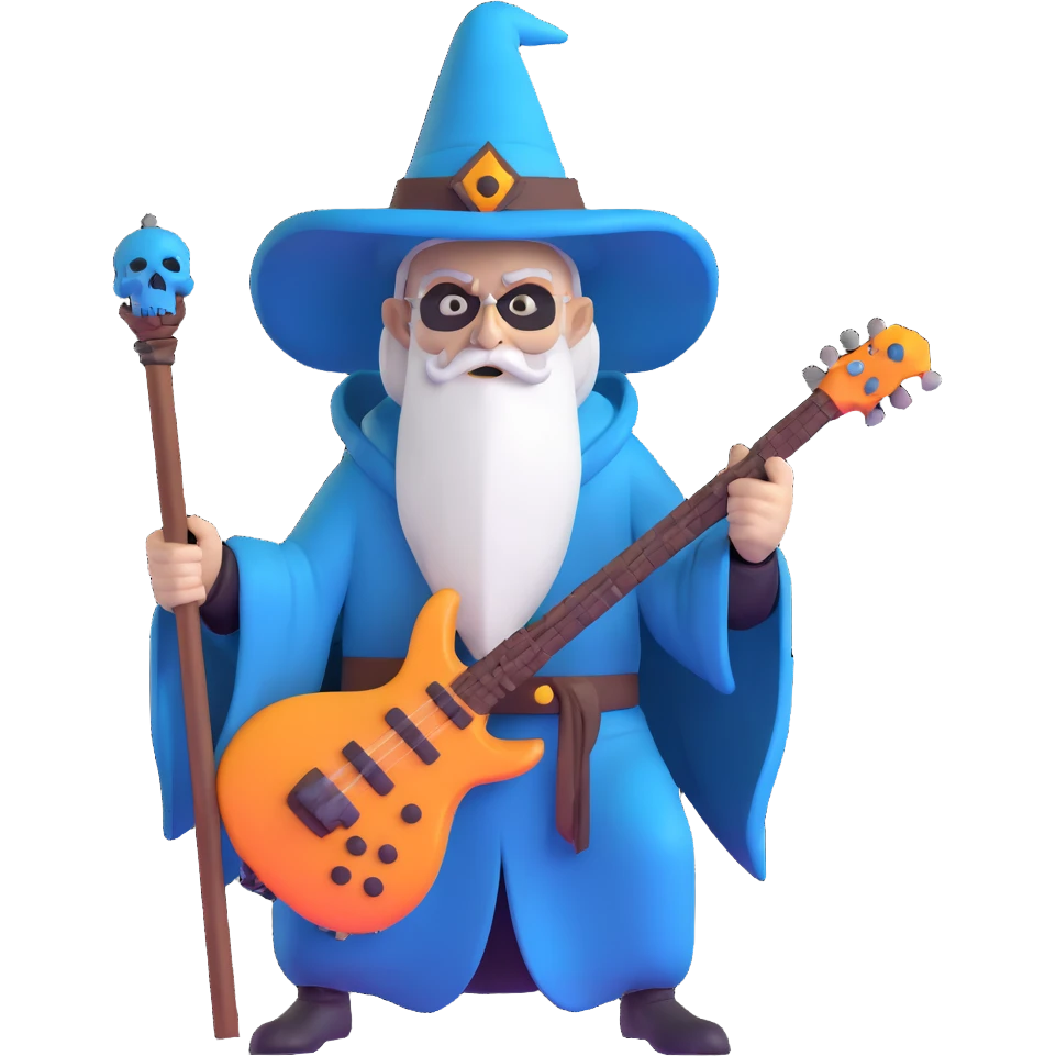 wizard with electric guitar staff, heavy metal, skull decorations emoji
