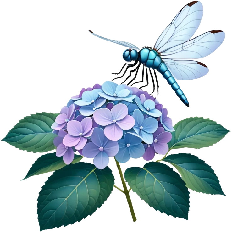 3D Realistic Still life, illustration ultraviolet color detailed Hydrangea macrophylla,  beautiful leaves,  highly detailed large size wings, cream, pale purple and teal colored dragonfly resting  emoji
