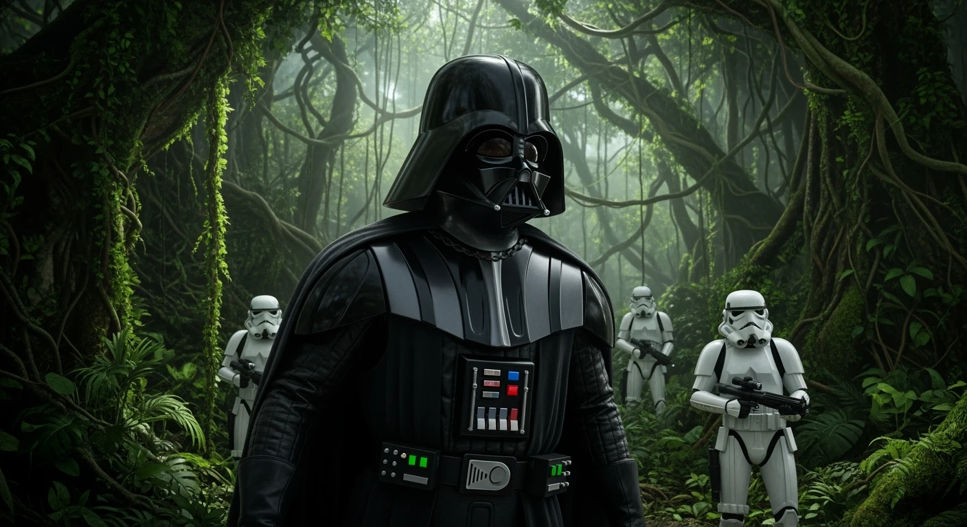 cinematic still, Closeup shot, amazon jungle, Darth Vader around stormtroopers is exploring the jungle, inspired by StarWars movie, captured by arri alexa emoji